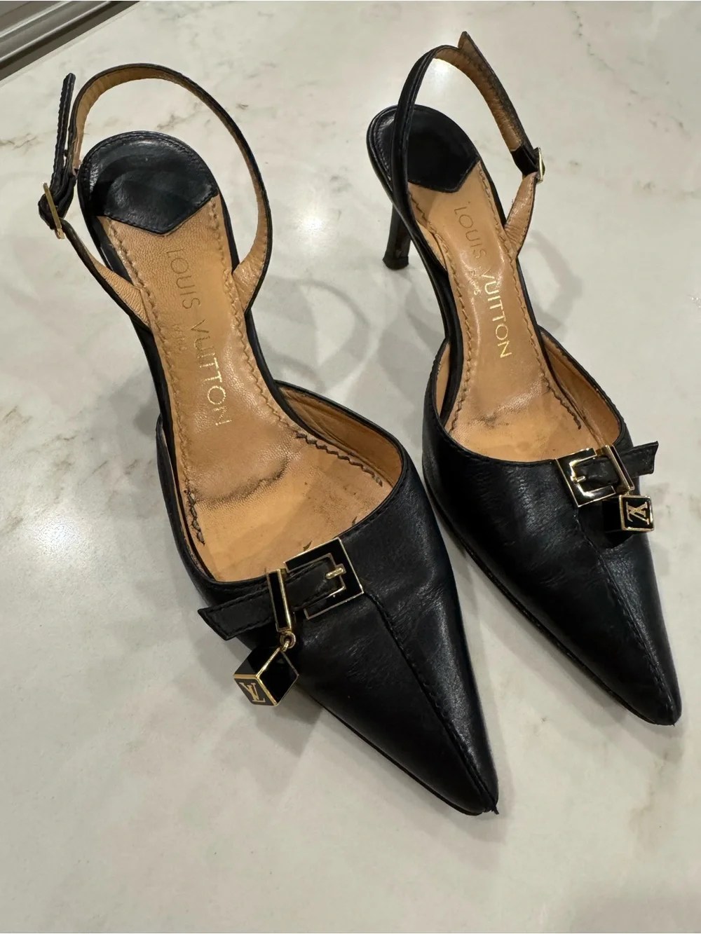 Vintage Louis Vuitton Black Pointed Leather Flats with Gold LV Charm